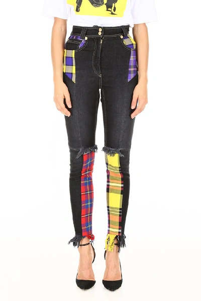 Shop Versace High Waist Patchwork Jeans In Black