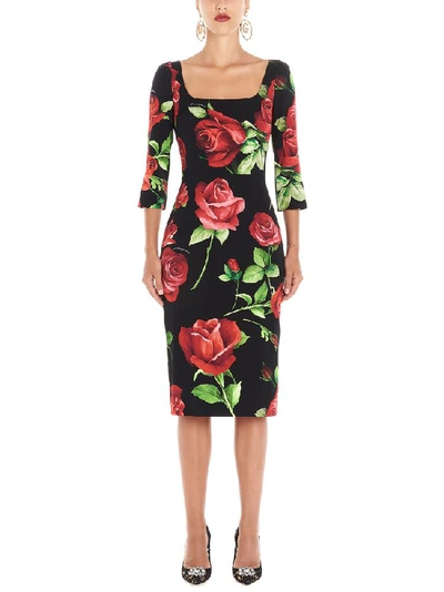 Shop Dolce & Gabbana Rose Printed Fitted Dress In Multi