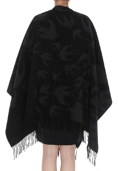 Shop Alexander Mcqueen Swallow Print Fringed Poncho In Black