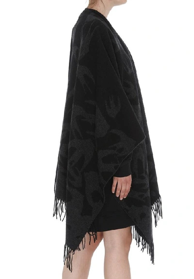 Shop Alexander Mcqueen Swallow Print Fringed Poncho In Black