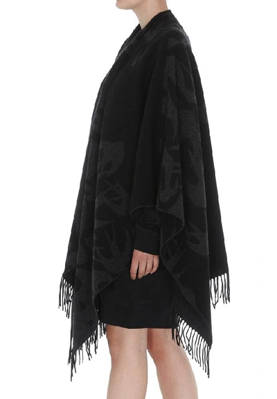 Shop Alexander Mcqueen Swallow Print Fringed Poncho In Black