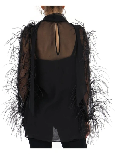 Shop Valentino Sheer Feather Trim Blouse In Black