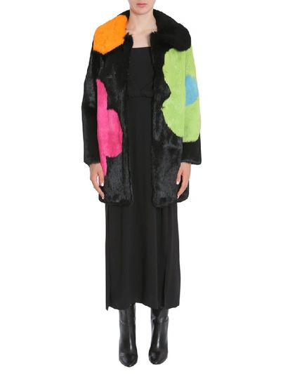 Shop Boutique Moschino Flower Printed Long Fur Coat In Multicolour