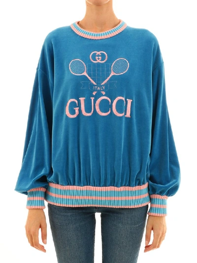 Gucci Blue Chenille Tennis Logo Sweatshirt | ModeSens