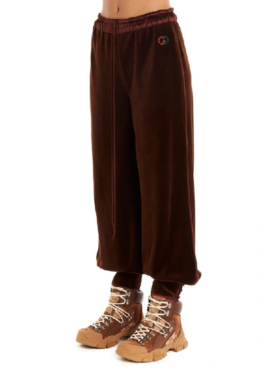 Shop Gucci Chenille Logo Track Pants In Brown
