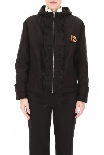 Shop Prada Logo Ruffled Zipped Hooded Jacket In Black