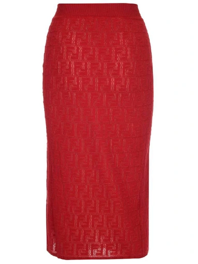 Shop Fendi Monogram Knitted Pencil Skirt In Red