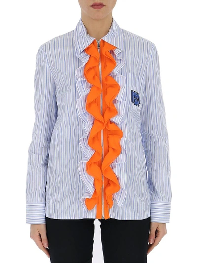 Shop Prada Pinstriped Ruffle Trim Shirt In Multi