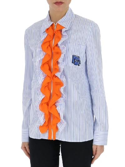 Shop Prada Pinstriped Ruffle Trim Shirt In Multi