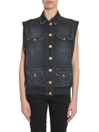 Shop Balmain Sleeveless Denim Jacket In Black