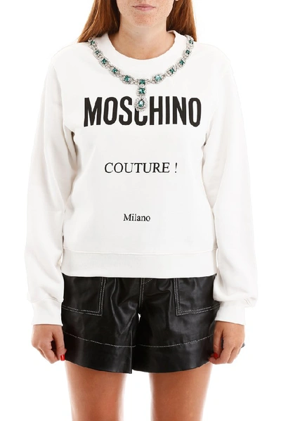 Shop Moschino Crystal Necklace Logo Print Crewneck Sweatshirt In White