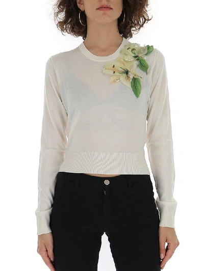 Shop Dolce & Gabbana Flower Appliqué Knitted Sweater In White
