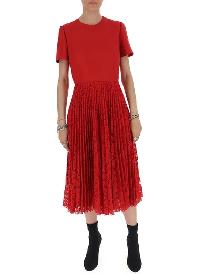 Shop Valentino Pleated Lace Short Sleeve Midi Dress In Red
