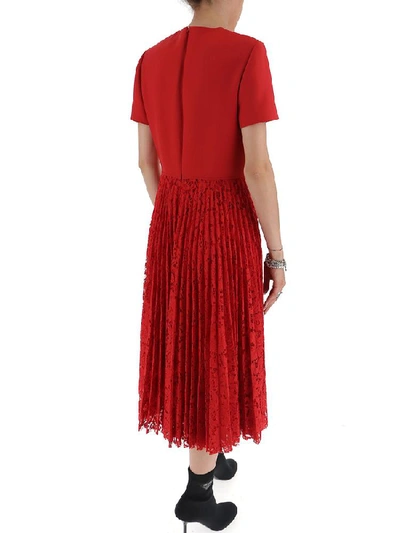 Shop Valentino Pleated Lace Short Sleeve Midi Dress In Red