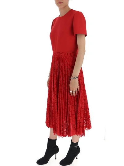 Shop Valentino Pleated Lace Short Sleeve Midi Dress In Red