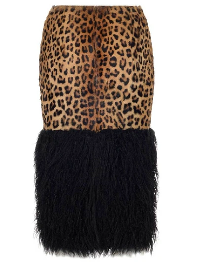 Shop Saint Laurent Leopard Print Faux Fur Trimmed Pencil Skirt In Animalier