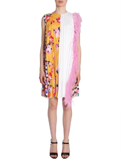 Shop Msgm Pleated Floral And Feathers Detail Dress In Multicolour