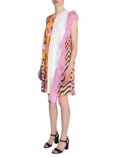 Shop Msgm Pleated Floral And Feathers Detail Dress In Multicolour