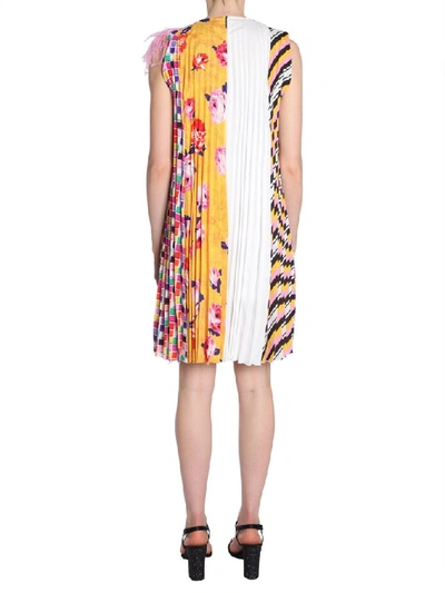 Shop Msgm Pleated Floral And Feathers Detail Dress In Multicolour