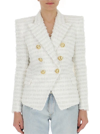 Shop Balmain Double Breasted Tweed Blazer In Blanc