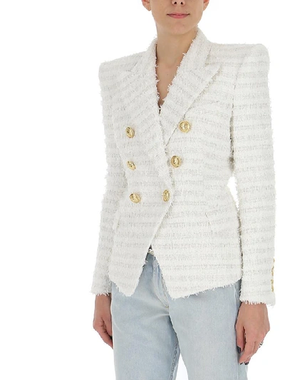 Shop Balmain Double Breasted Tweed Blazer In Blanc