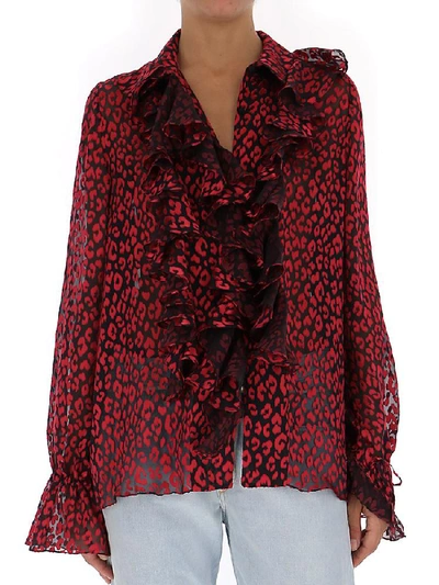 Shop Saint Laurent Sheer Ruffled Leopard Print Blouse In Red