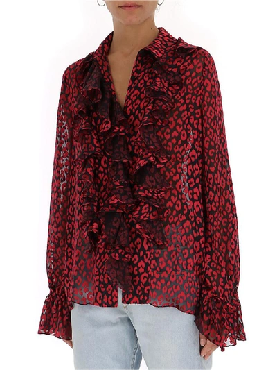 Shop Saint Laurent Sheer Ruffled Leopard Print Blouse In Red