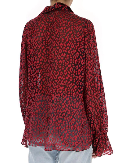 Shop Saint Laurent Sheer Ruffled Leopard Print Blouse In Red