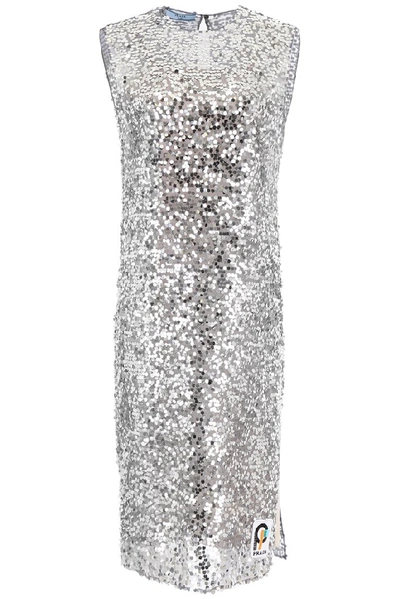 Shop Prada Sequinned Midi Dress In Silver