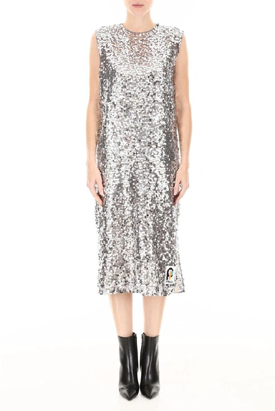 Shop Prada Sequinned Midi Dress In Silver