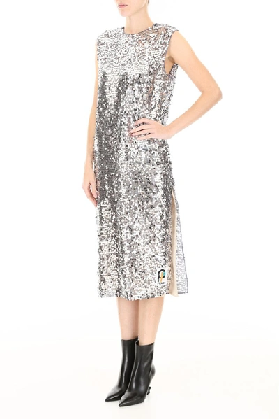 Shop Prada Sequinned Midi Dress In Silver