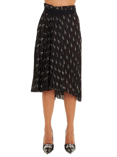 Shop Balenciaga Pleated Eiffel Tower Print Skirt In Black