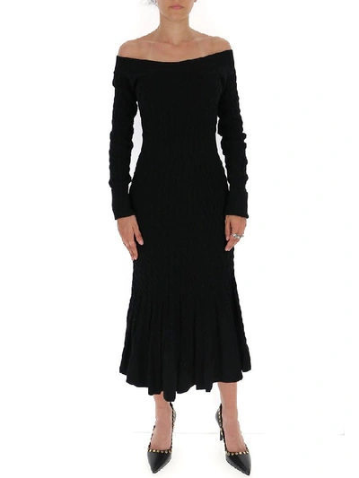 Shop Alexander Mcqueen Off Shoulder Cable Knit Dress In Black