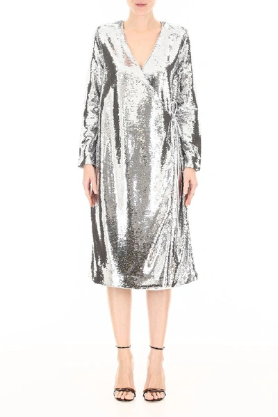Shop Ganni Sequins Wrap Dress In Silver
