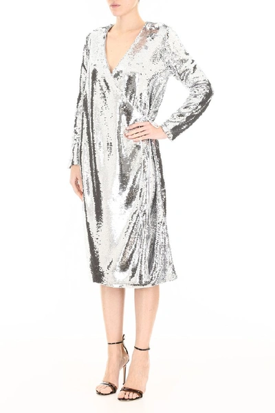 Shop Ganni Sequins Wrap Dress In Silver