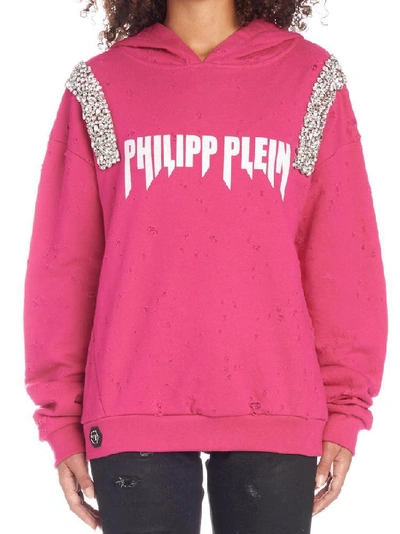 Shop Philipp Plein Rock Distressed Bejeweled Hoodie In Pink