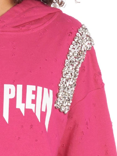 Shop Philipp Plein Rock Distressed Bejeweled Hoodie In Pink