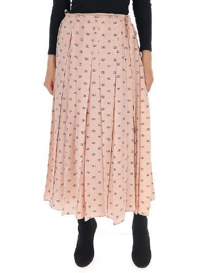 Shop Valentino Logo Print Pleated Skirt In Pink