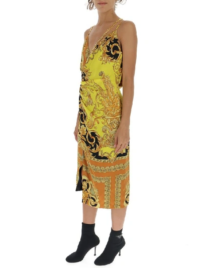 Shop Versace Draped Baroque Printed Dress In Multi