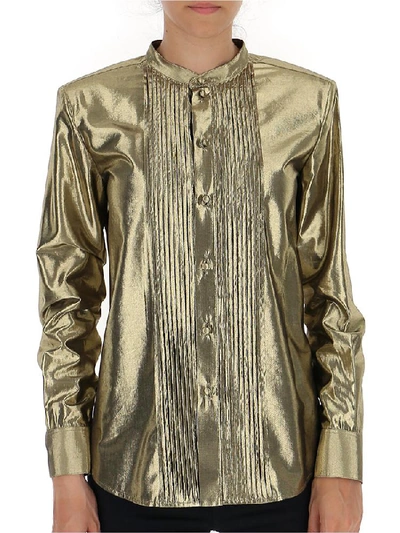 Shop Saint Laurent Metallic Pleated Front Shirt In Gold