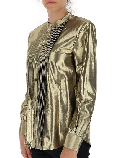 Shop Saint Laurent Metallic Pleated Front Shirt In Gold