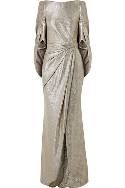 Shop Talbot Runhof Socrates Cape-effect Draped Metallic Stretch-jersey Gown In Gold