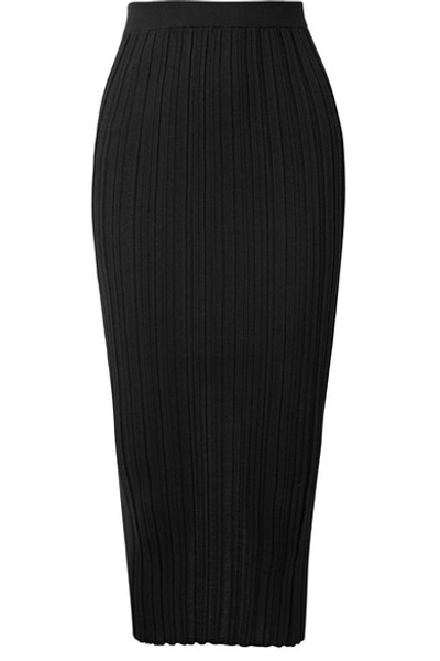 Shop Helmut Lang Ribbed Merino Wool-blend Midi Skirt In Black