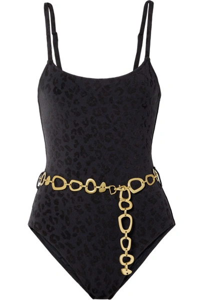 Shop Solid & Striped The Nina Belted Stretch Leopard-jacquard Swimsuit In Black