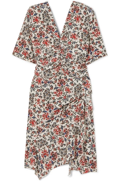 Shop Isabel Marant Arodie Ruched Floral-print Silk-blend Crepe Dress In Red