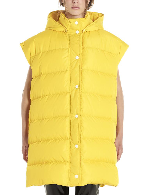 yellow hooded puffer jacket