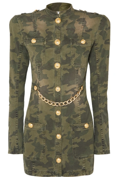 Shop Balmain Chain-embellished Camouflage-print Cotton-blend Jacket In Army Green