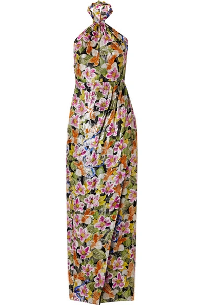 Shop Borgo De Nor Alyona Floral-print Metallic Silk-blend Halterneck Maxi Dress
