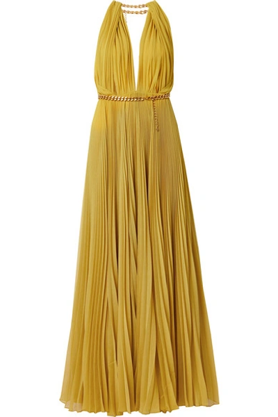 Shop Oscar De La Renta Chain-embellished Pleated Silk-chiffon Gown In Saffron