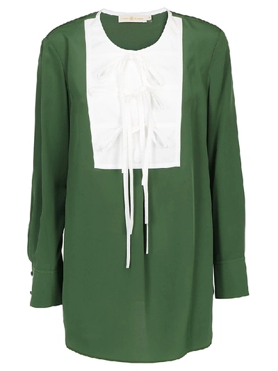 Shop Tory Burch Tie Front Contrast Collar Blouse In Green